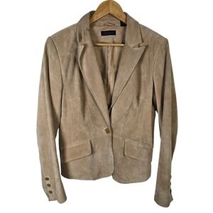Context Women Beige Suede Leather Blazer Jacket Button Front Size 8 90s Y2K‎